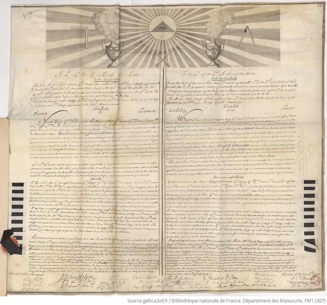 Bilingual French and English engraved Masonic patent naming Joseph Cerneau