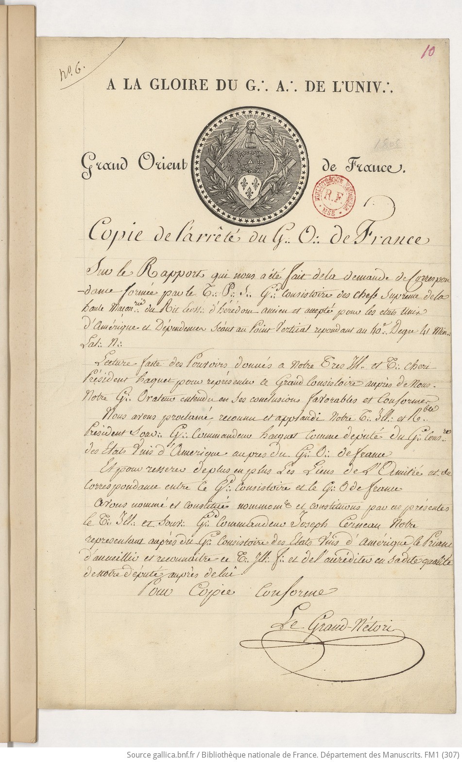 Copy of the Grand Orient de France decree concerning Hacquet and Cerneau
