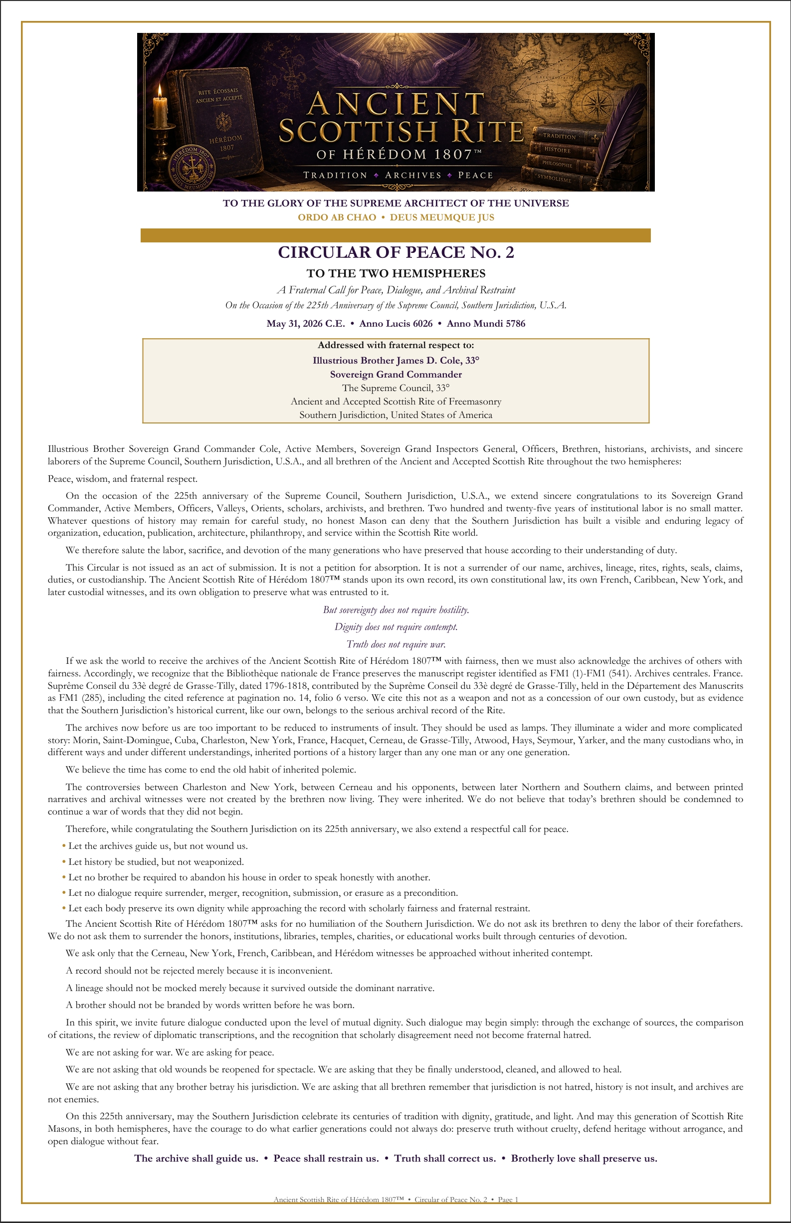 Circular of Peace No. 2, page 1