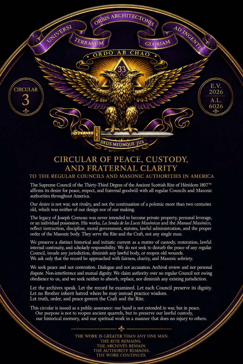 Circular 3 — Circular of Peace, Custody, and Fraternal Clarity